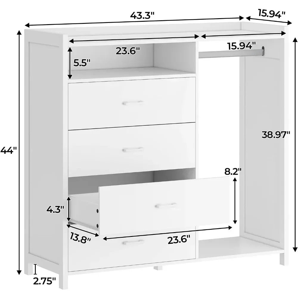 Children's Wardrobes, 4 Drawer Dresser With Clothing Rack