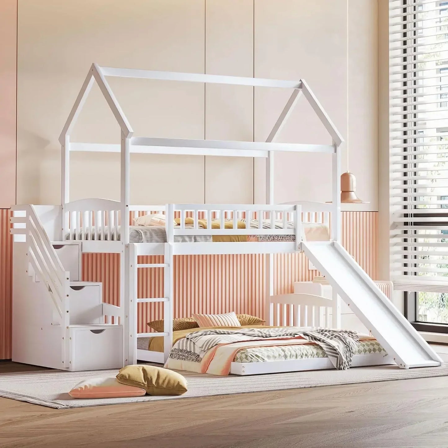 Stairway House Bunk Bed with Slide, Twin Over Twin