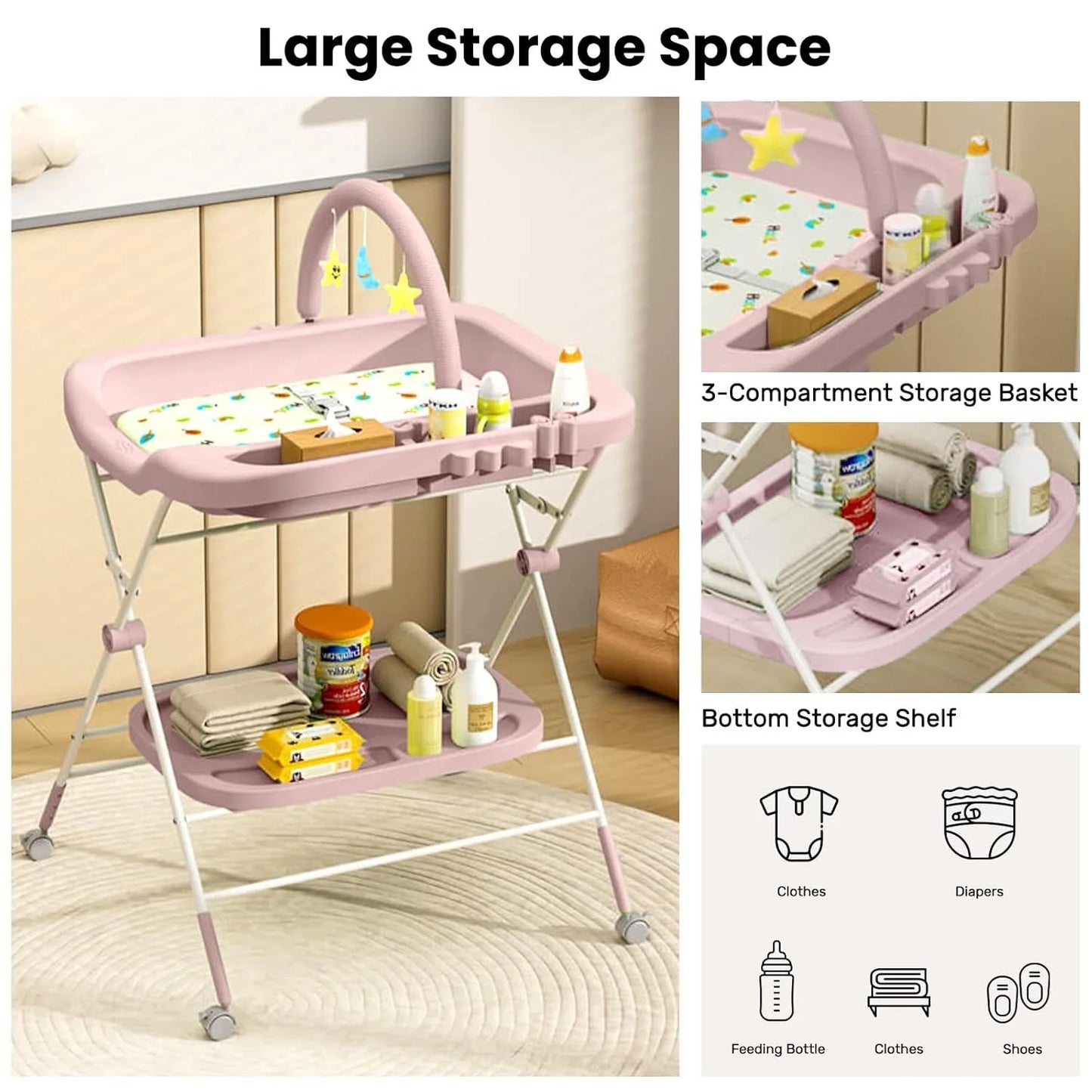 Portable, Folding Baby Changing Table, Adjustable Height, Wheels
