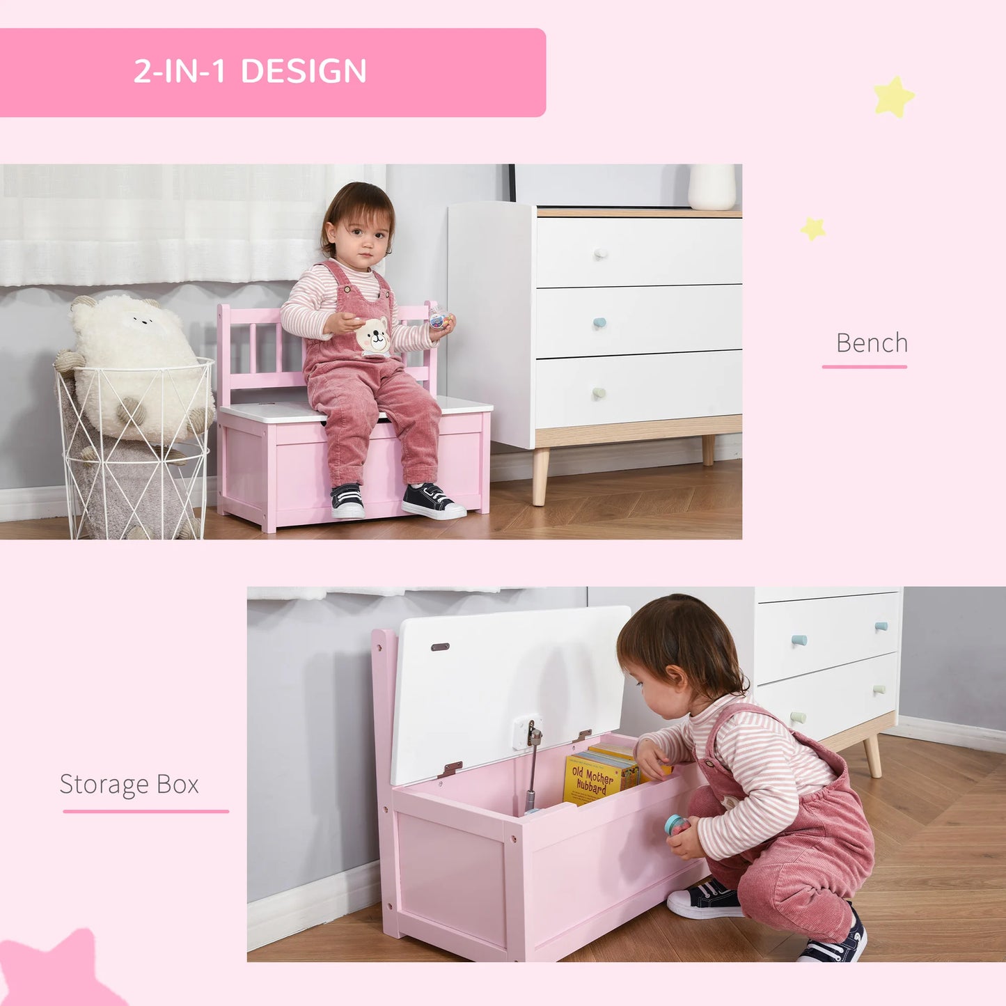 Kids 2-In-1 Wooden Toy Storage, Bench Seat