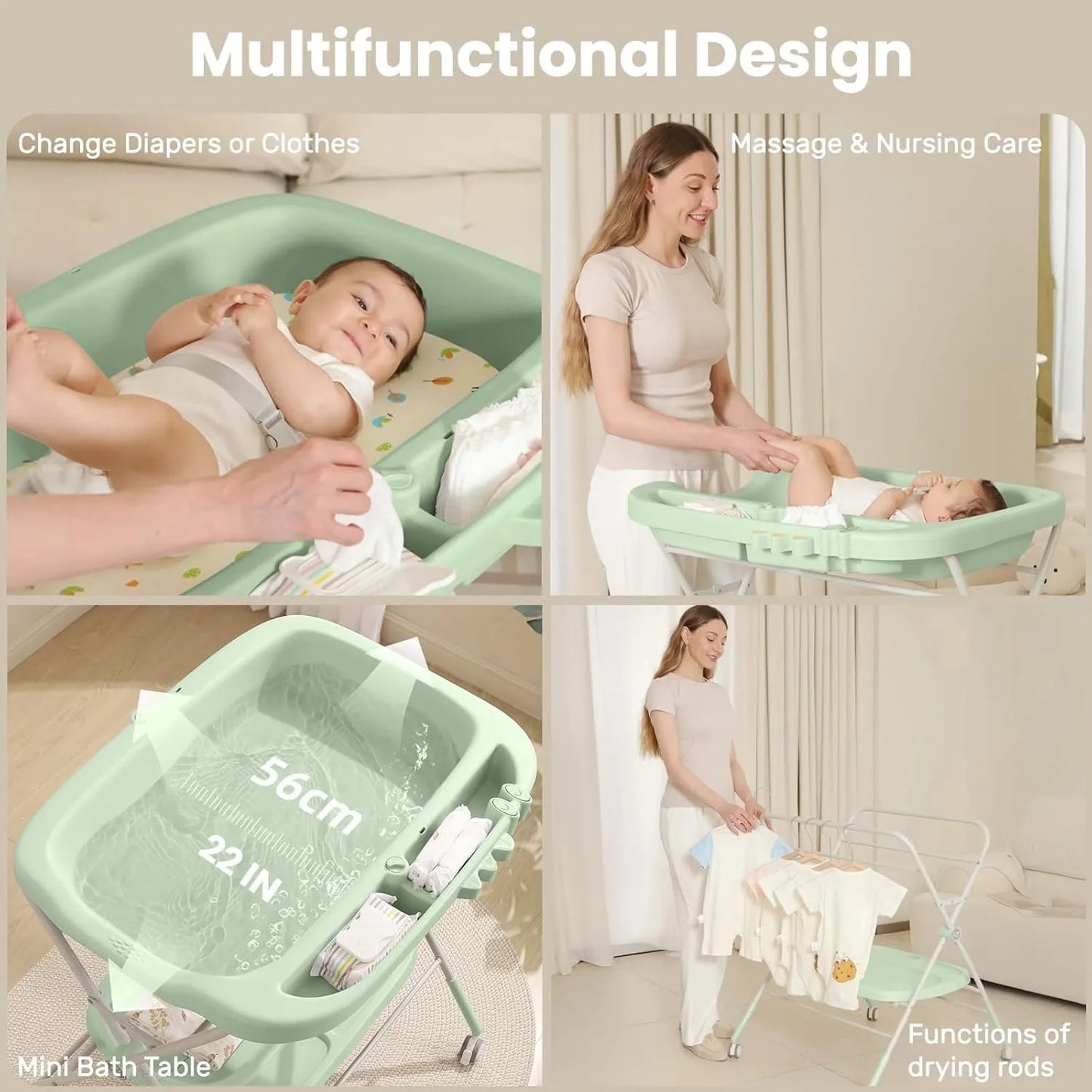 Portable, Folding Baby Changing Table, Adjustable Height, Wheels