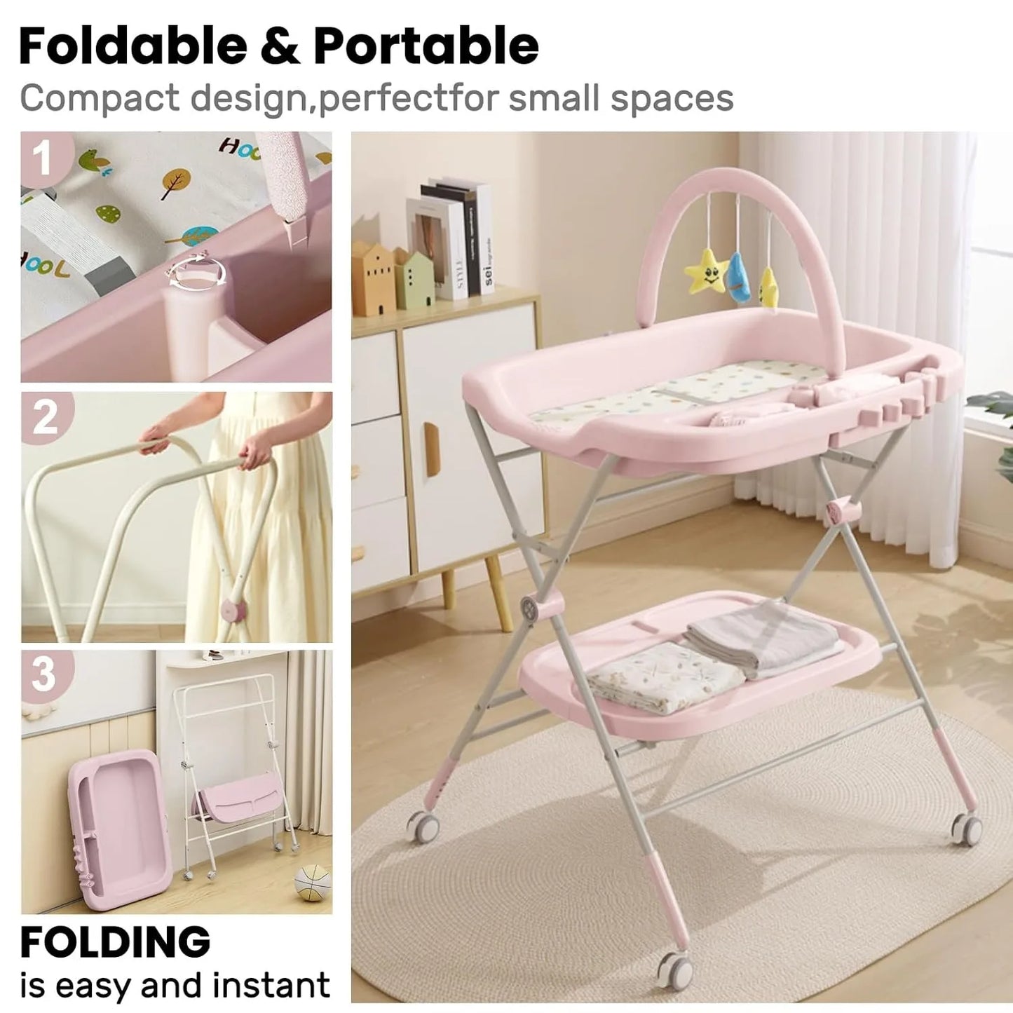 Portable, Folding Baby Changing Table, Adjustable Height, Wheels