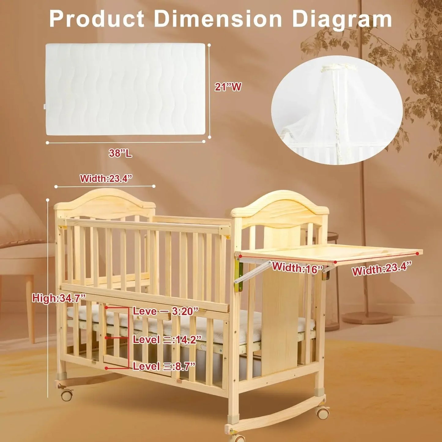 Mini Convertible Baby Crib, Changing Shelf And Mattress