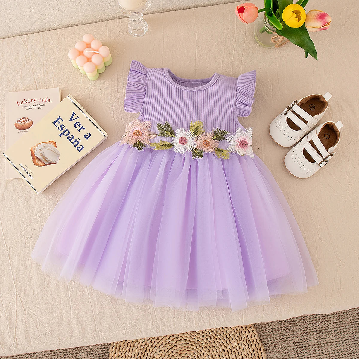 Baby Girl Dress Floral Pattern Knit Solid Color