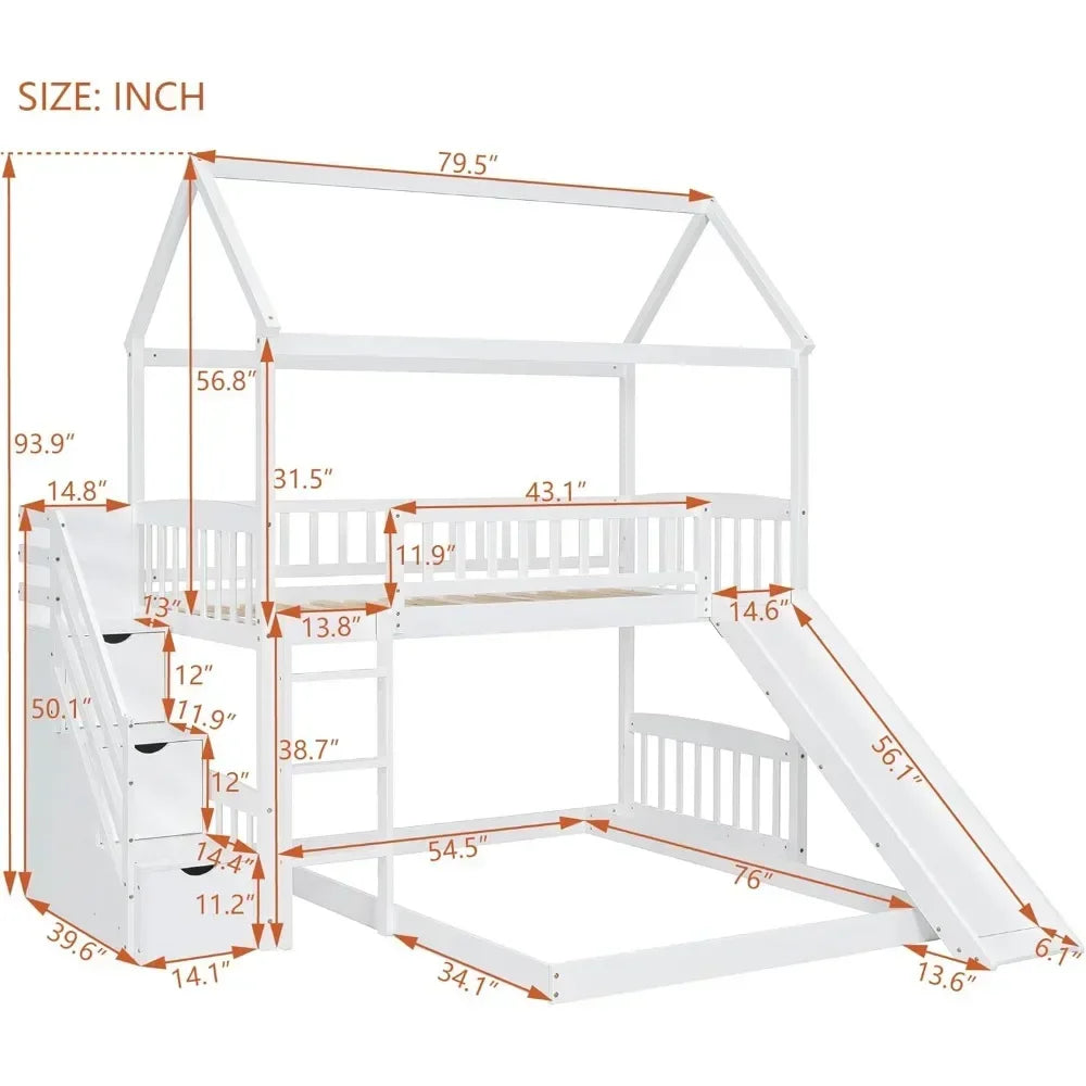Stairway House Bunk Bed with Slide, Twin Over Twin