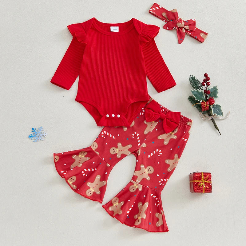 Baby Girl Christmas Long Sleeve Romper, Pants, Headband