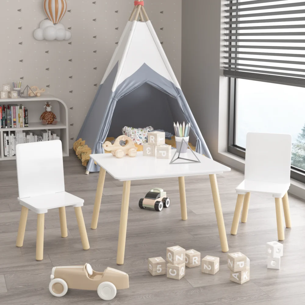 White Wooden Toddler Activity Table With Two Chairs