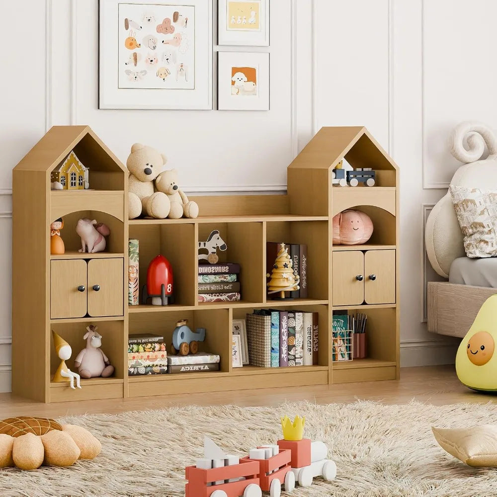 Castle Shape Children's Bookshelf, Toy Storage Organizer, Oak