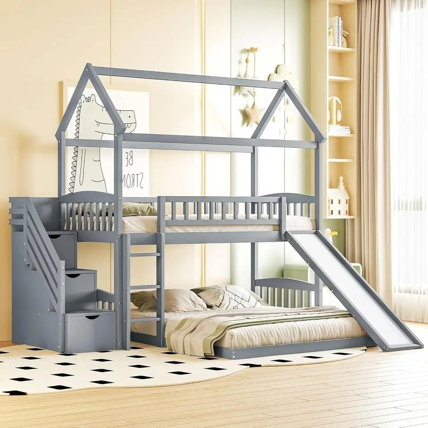 Stairway House Bunk Bed with Slide, Twin Over Twin