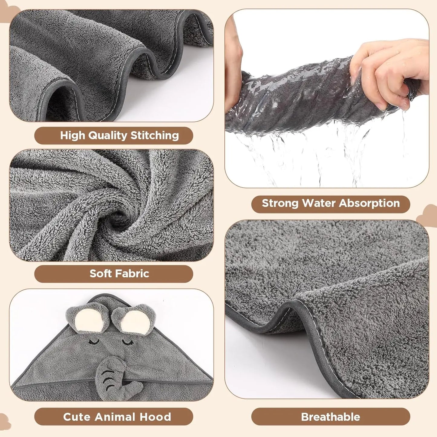 6 Pack Hooded Baby Bath Towels Set 31.5 x 31.5 Inch