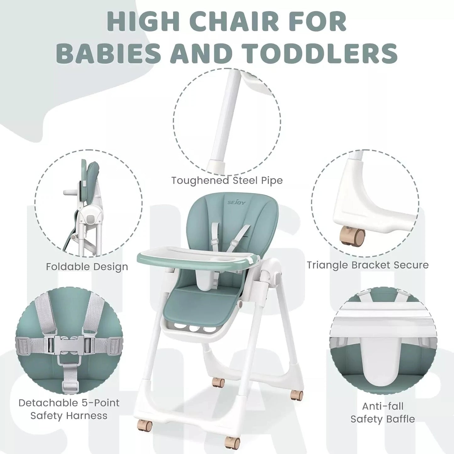 Baby High Chair Foldable Adjustable Backrest