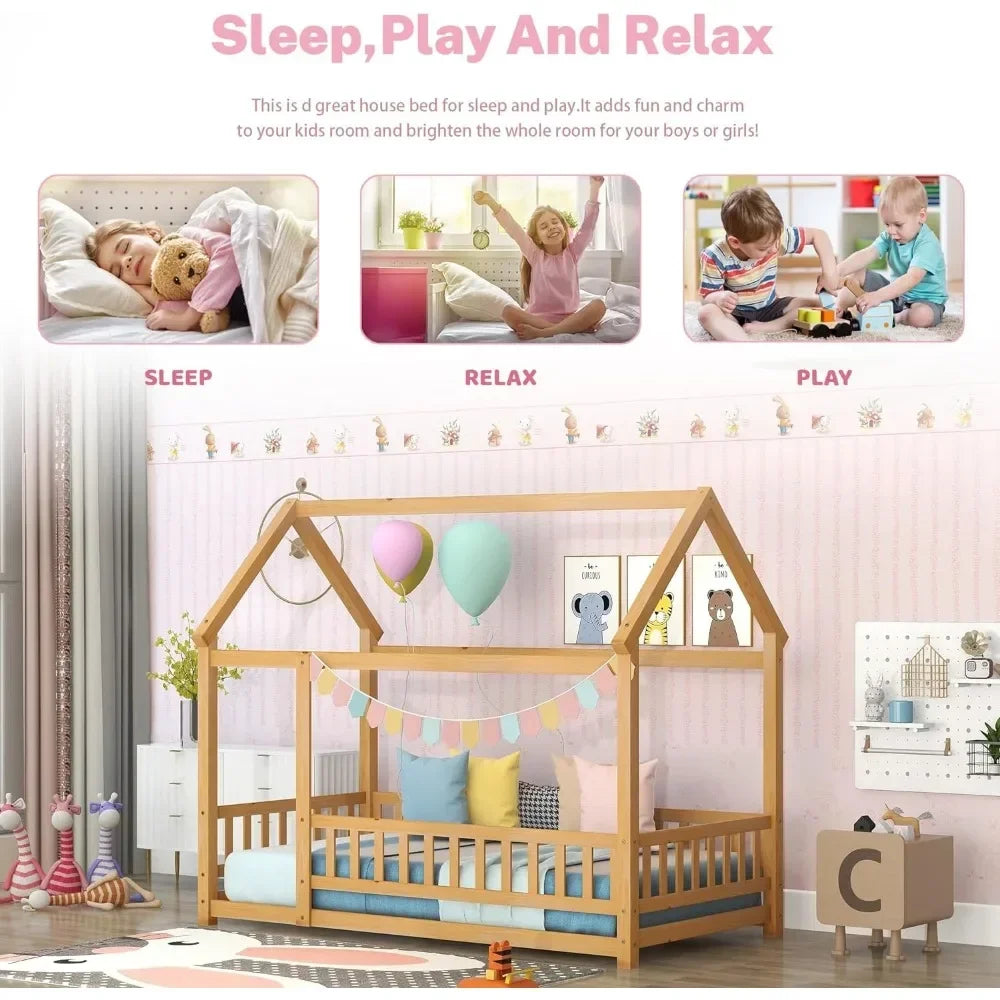 Twin Size House Canopy Bed, Fence, Roof.
