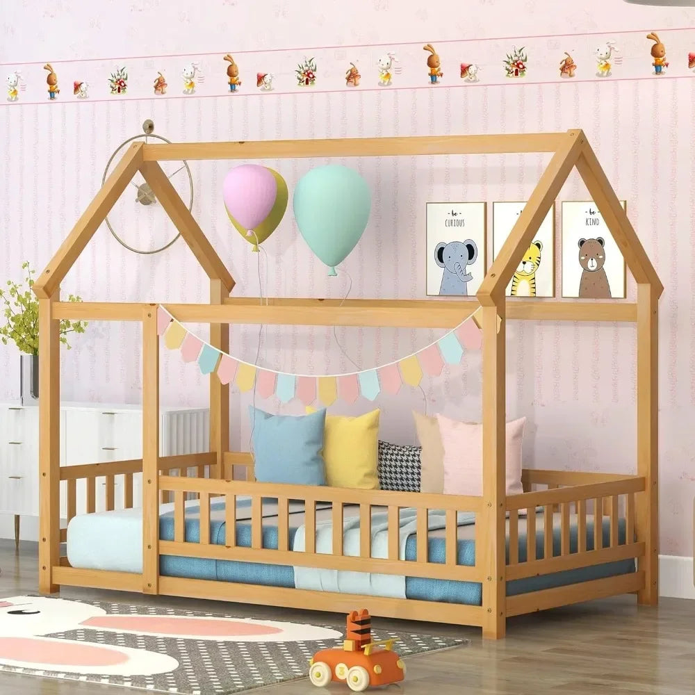 Twin Size House Canopy Bed, Fence, Roof.