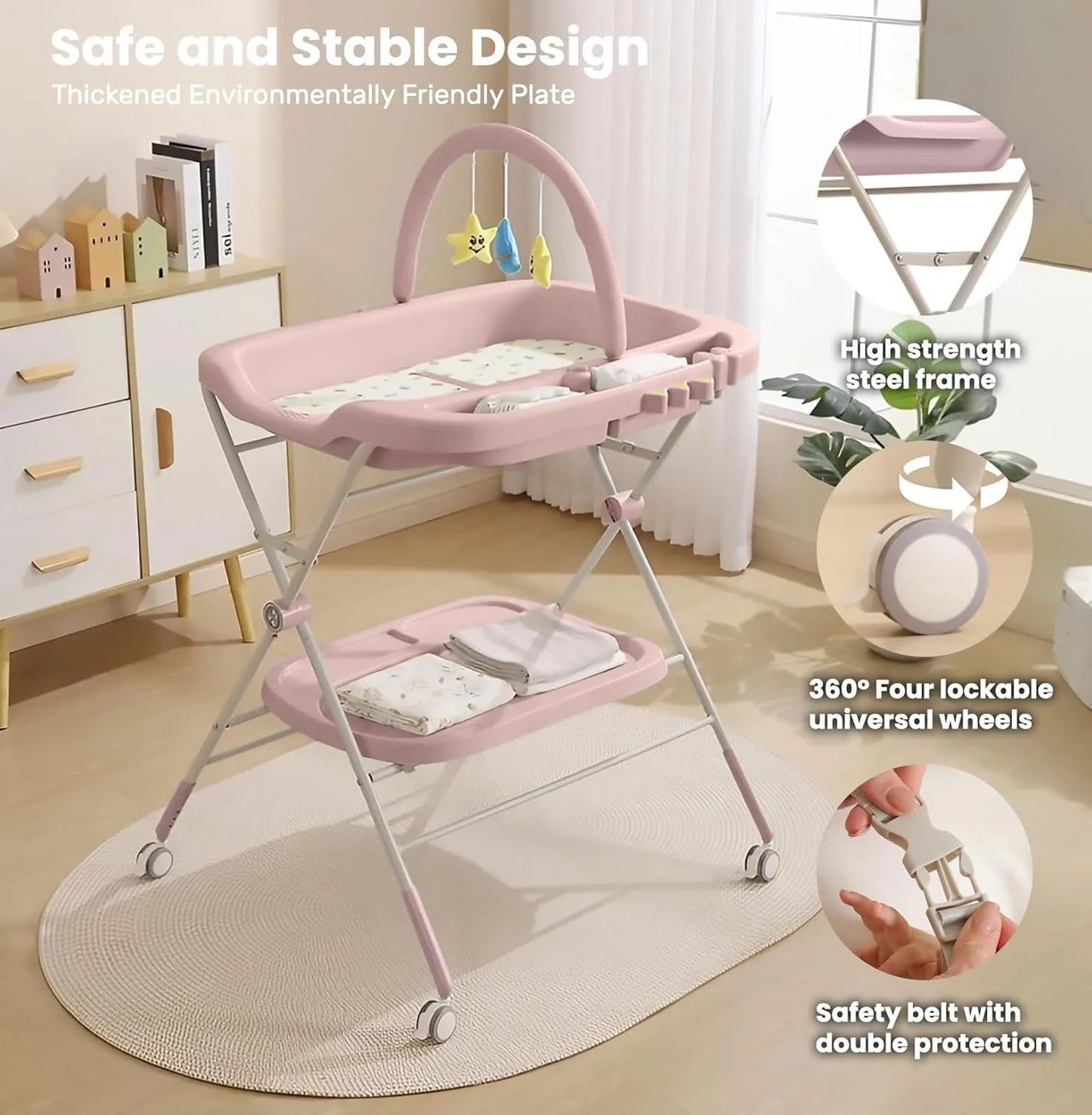 Portable, Folding Baby Changing Table, Adjustable Height, Wheels