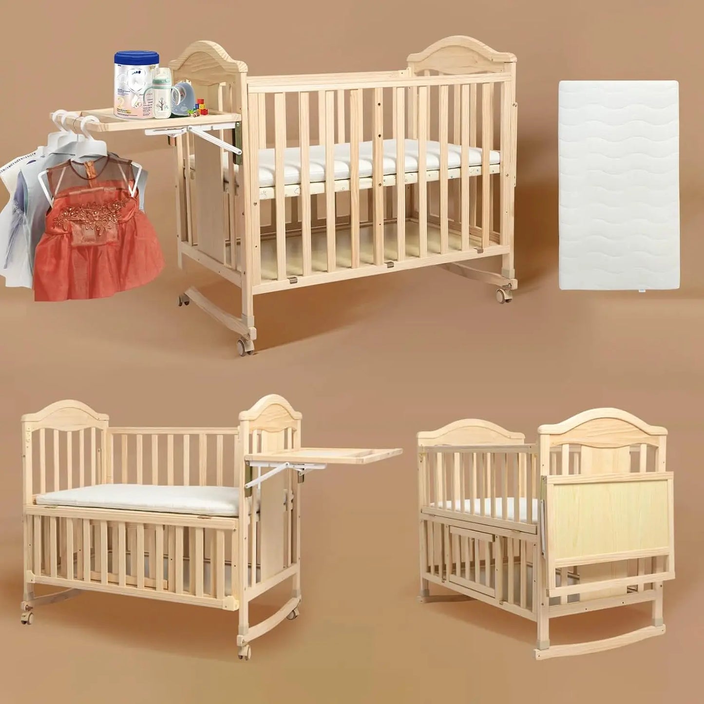 Mini Convertible Baby Crib, Changing Shelf And Mattress
