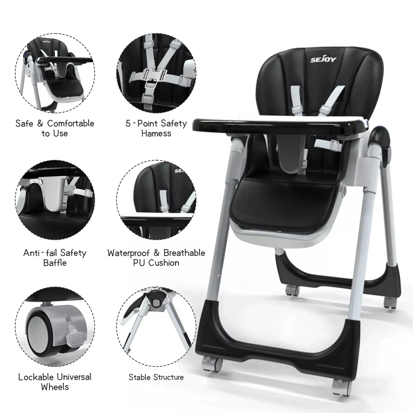 Baby High Chair Foldable Adjustable Backrest