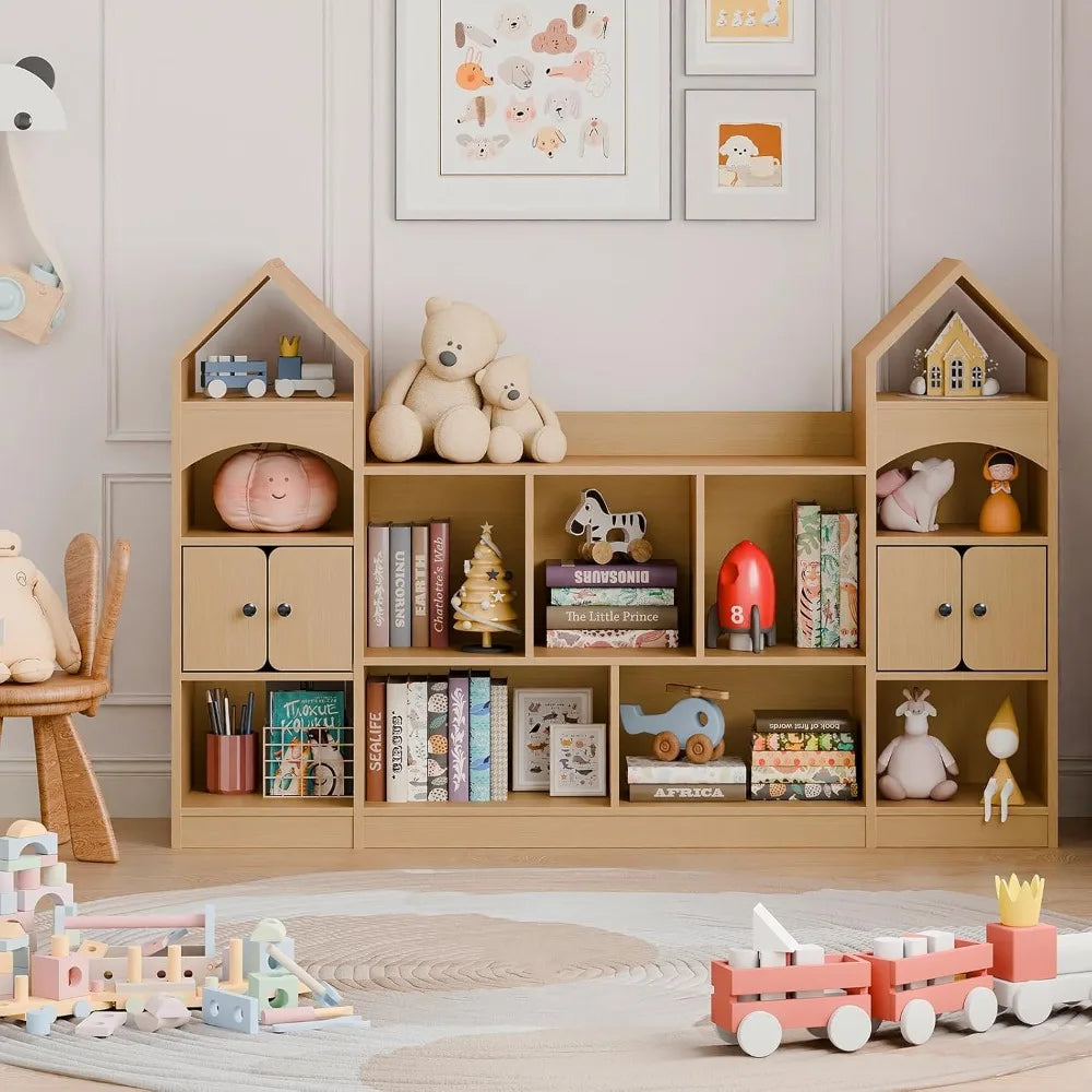 Castle Shape Children's Bookshelf, Toy Storage Organizer, Oak