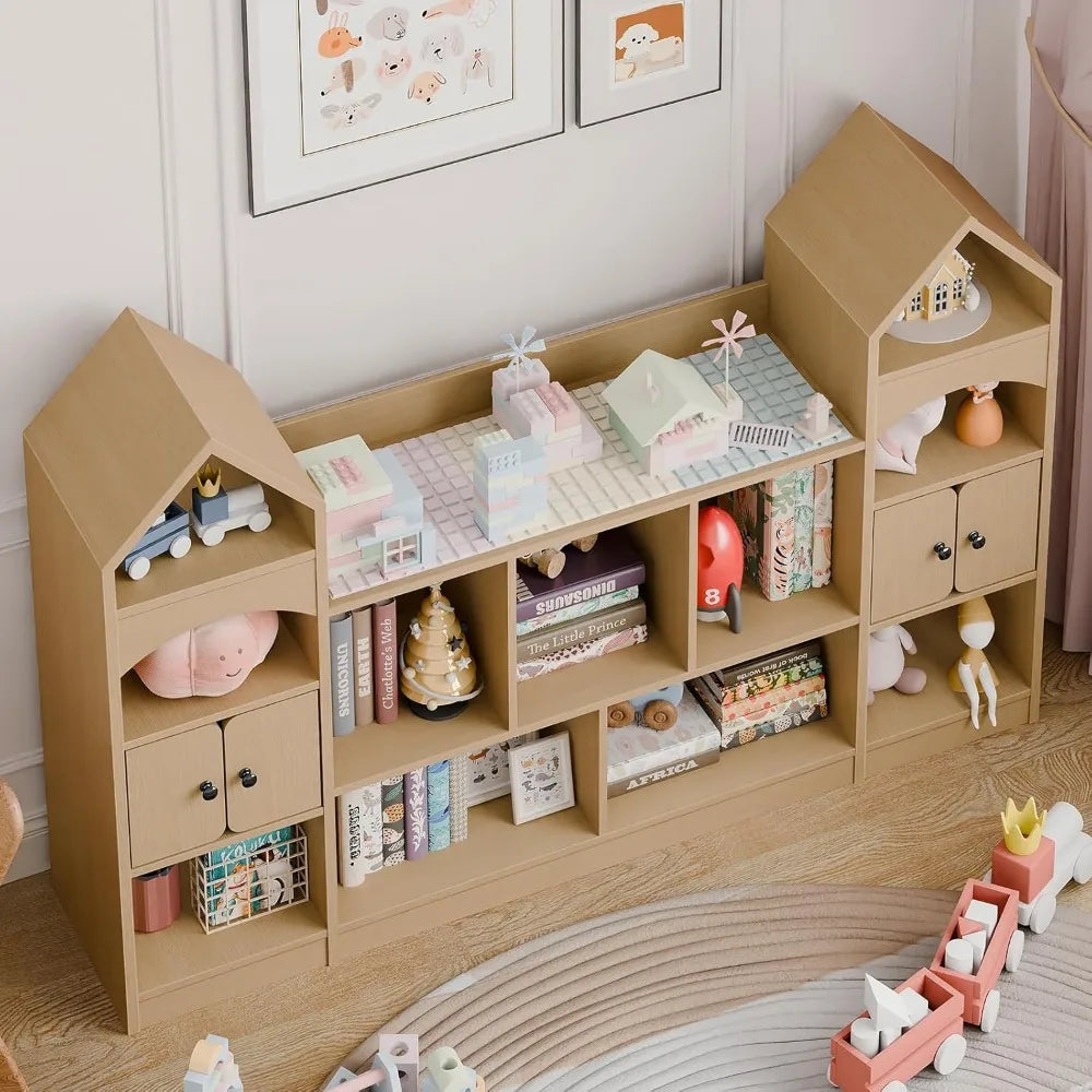 Castle Shape Children's Bookshelf, Toy Storage Organizer, Oak