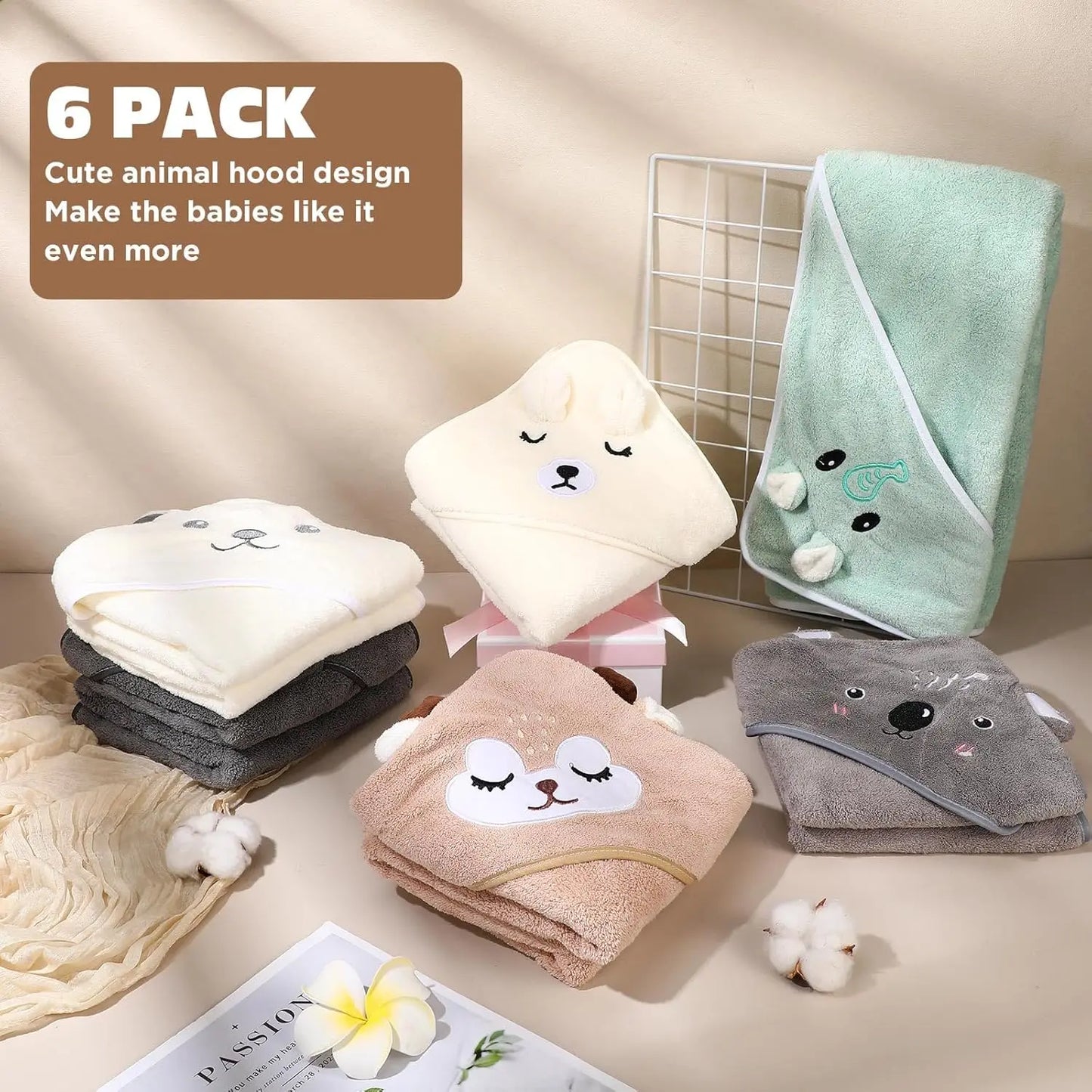 6 Pack Hooded Baby Bath Towels Set 31.5 x 31.5 Inch