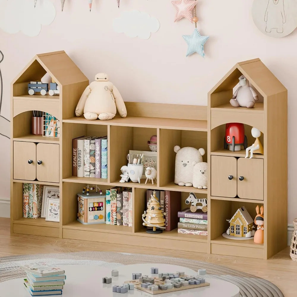 Castle Shape Children's Bookshelf, Toy Storage Organizer, Oak