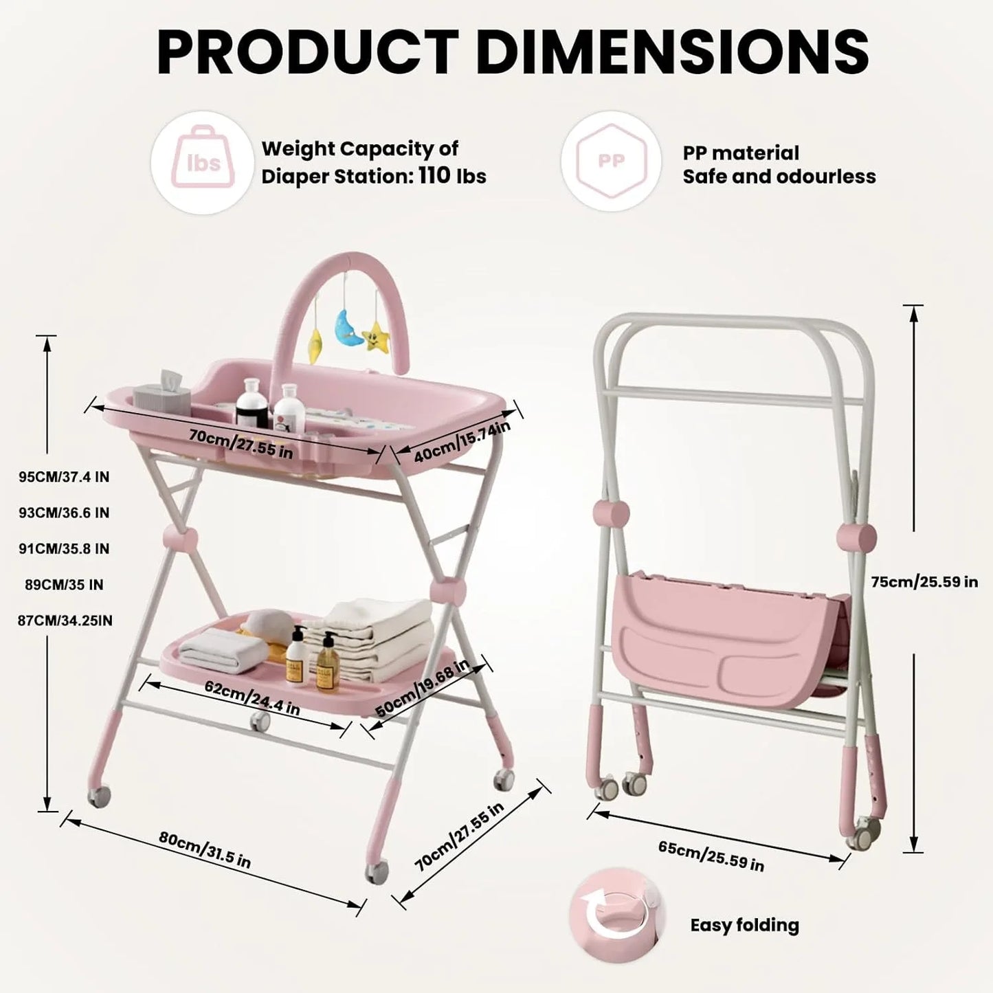 Portable, Folding Baby Changing Table, Adjustable Height, Wheels