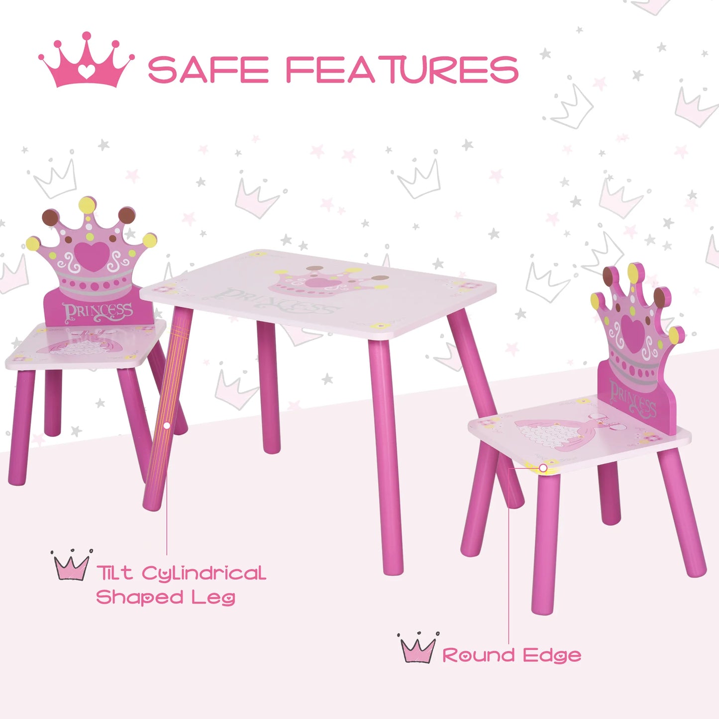 Children's Wood Table Two Seats With Crown Pattern
