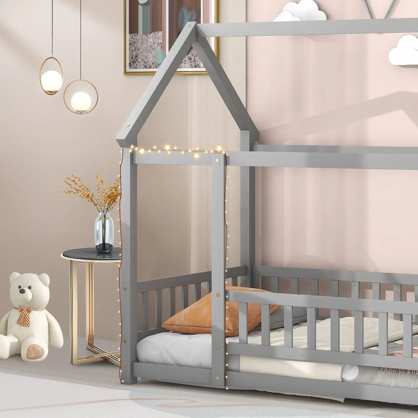 Twin Wooden House, Bed Frame, Roof, Fence.