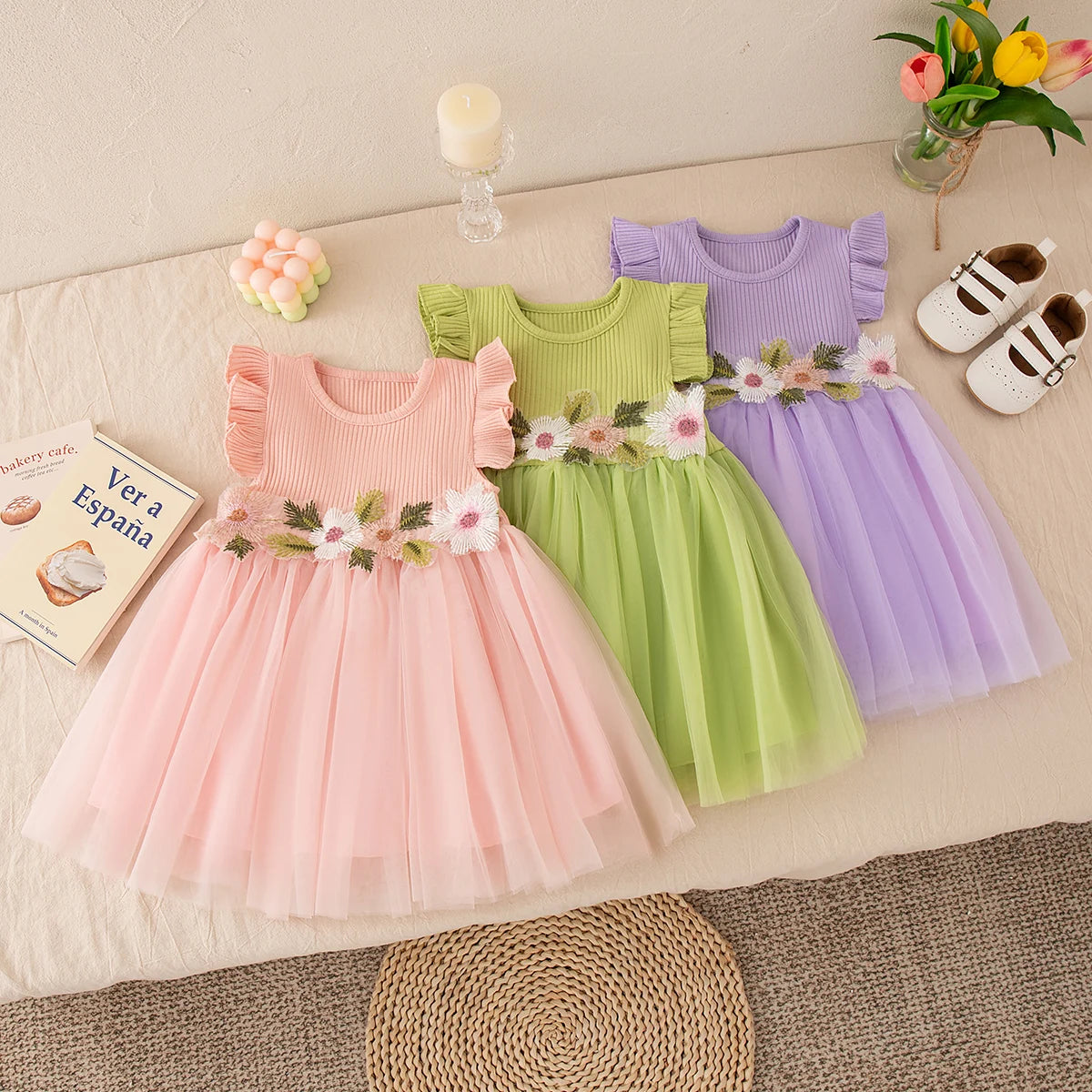 Baby Girl Dress Floral Pattern Knit Solid Color