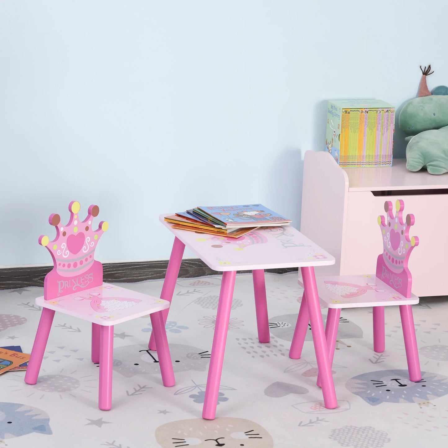 Children's Wood Table Two Seats With Crown Pattern