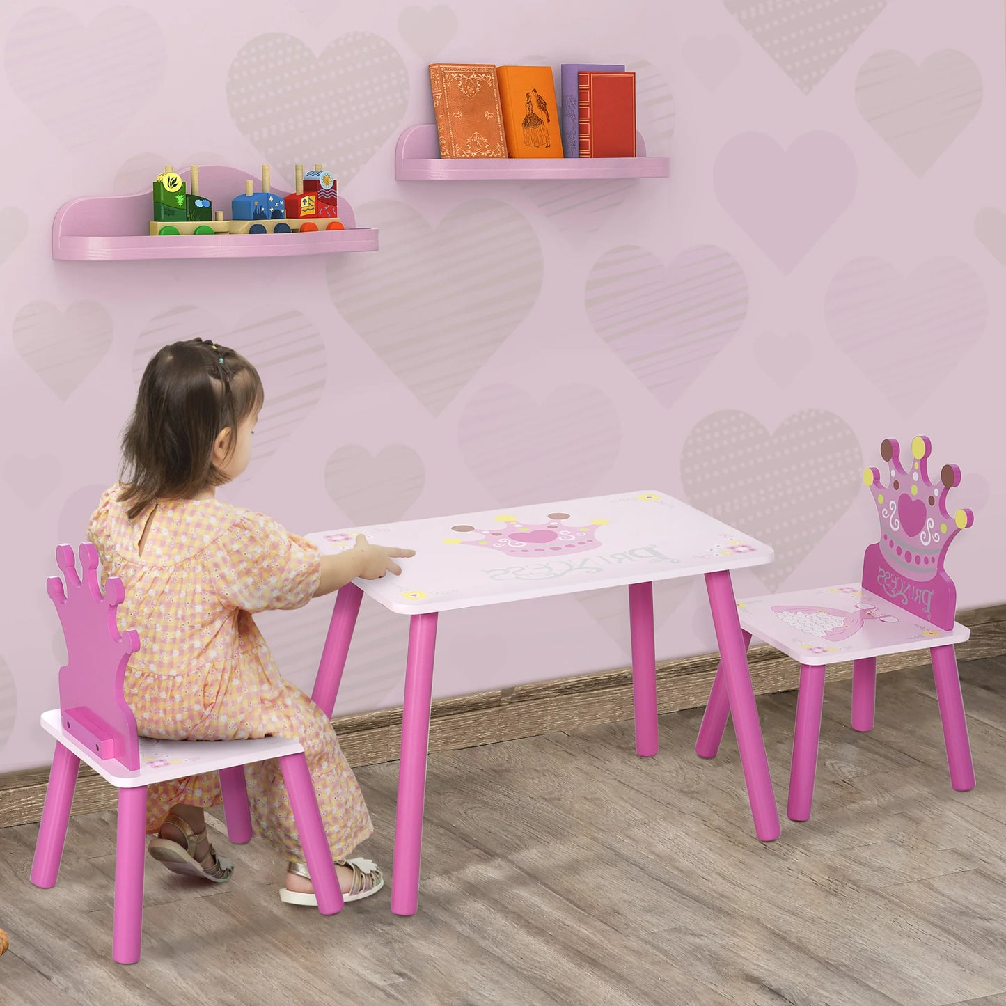 Children's Wood Table Two Seats With Crown Pattern