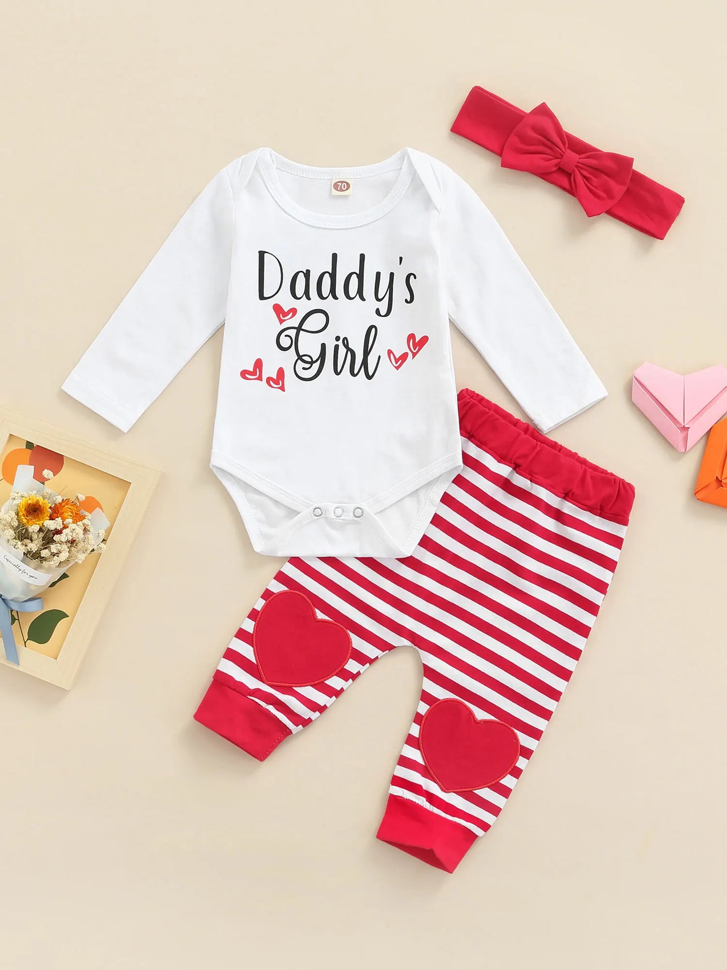 Cute 3-Piece Baby Girl Outfit Long Sleeve Romper, Pants, Headband