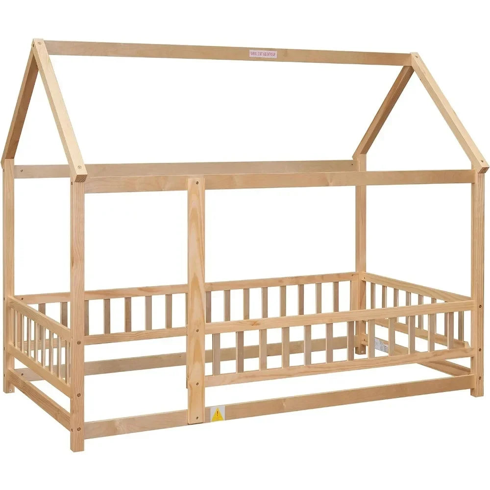 Twin Size House Canopy Bed, Fence, Roof.