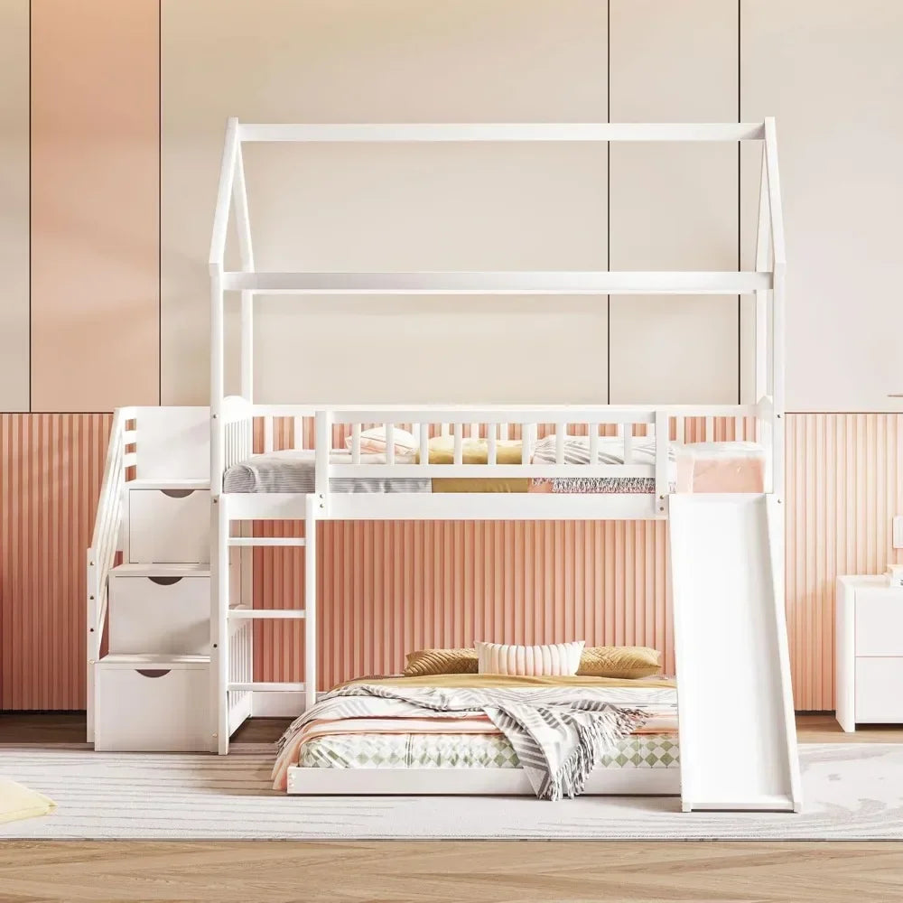 Stairway House Bunk Bed with Slide, Twin Over Twin