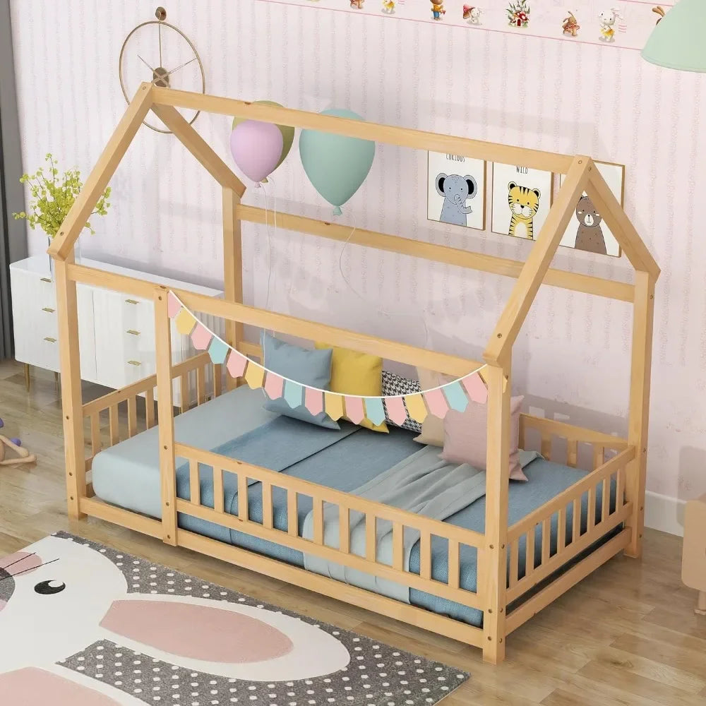 Twin Size House Canopy Bed, Fence, Roof.