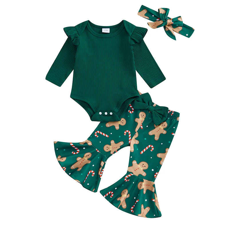 Baby Girl Christmas Long Sleeve Romper, Pants, Headband
