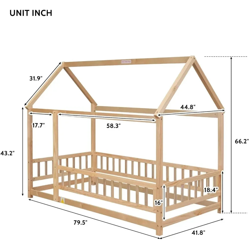 Twin Size House Canopy Bed, Fence, Roof.