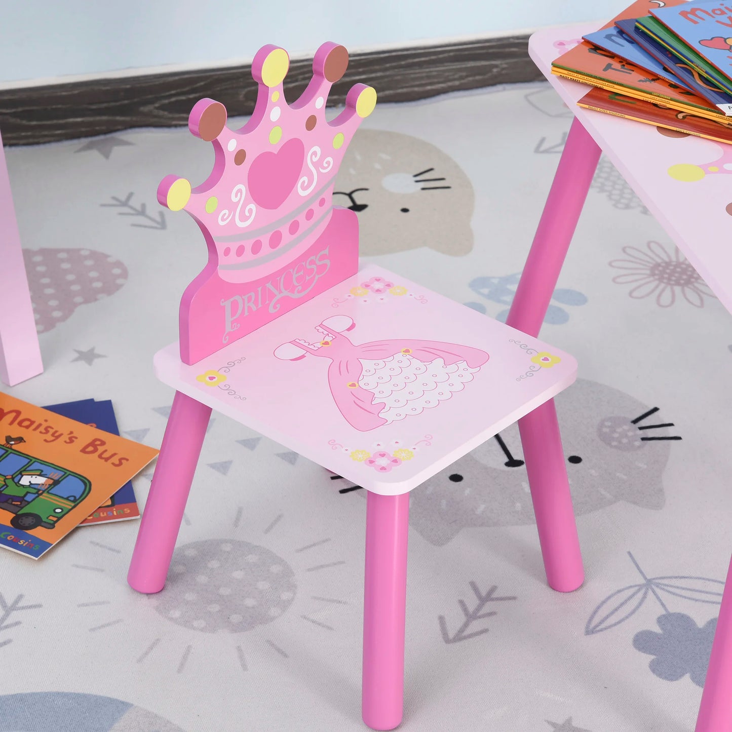 Children's Wood Table Two Seats With Crown Pattern