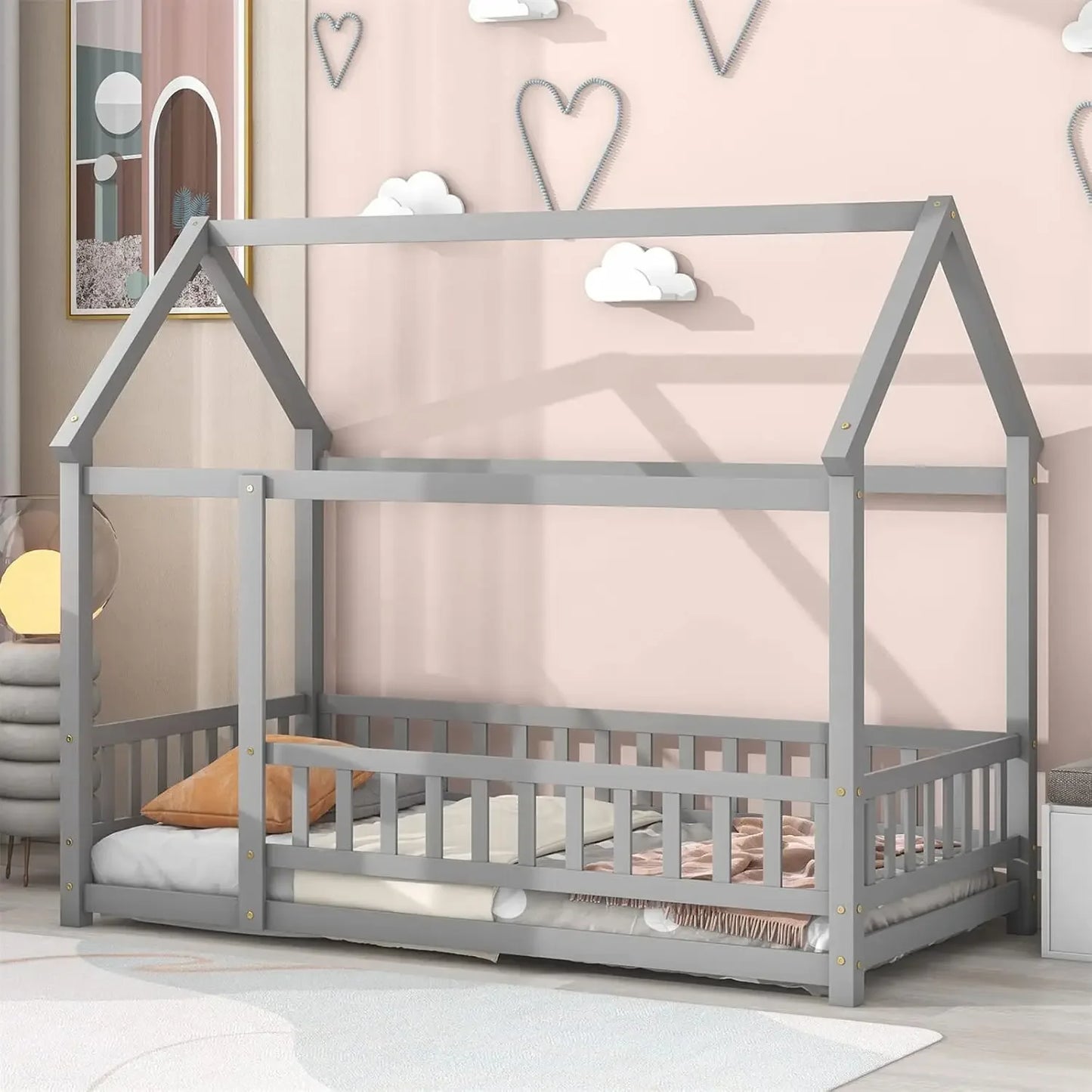 Twin Wooden House, Bed Frame, Roof, Fence.