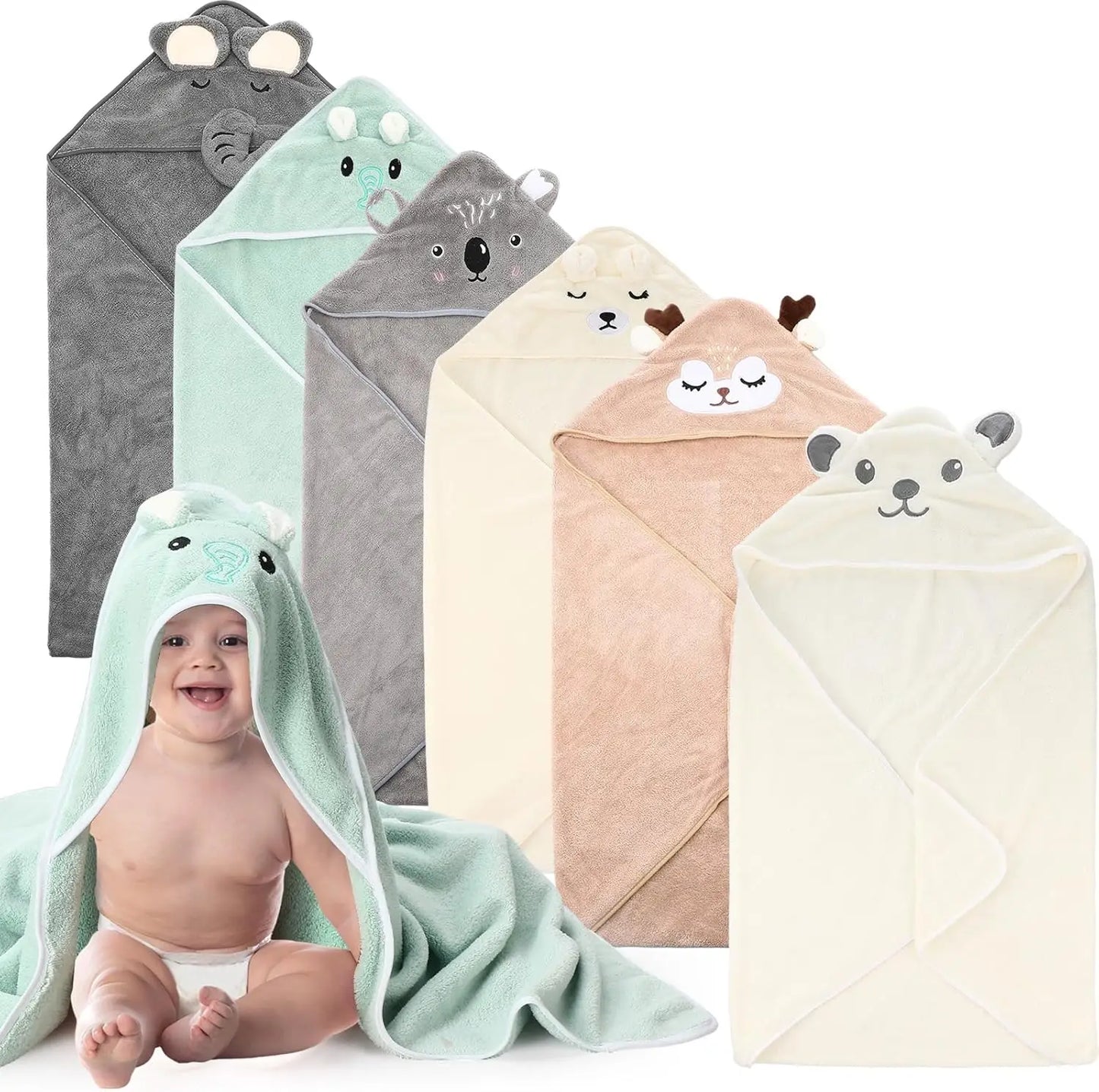 6 Pack Hooded Baby Bath Towels Set 31.5 x 31.5 Inch