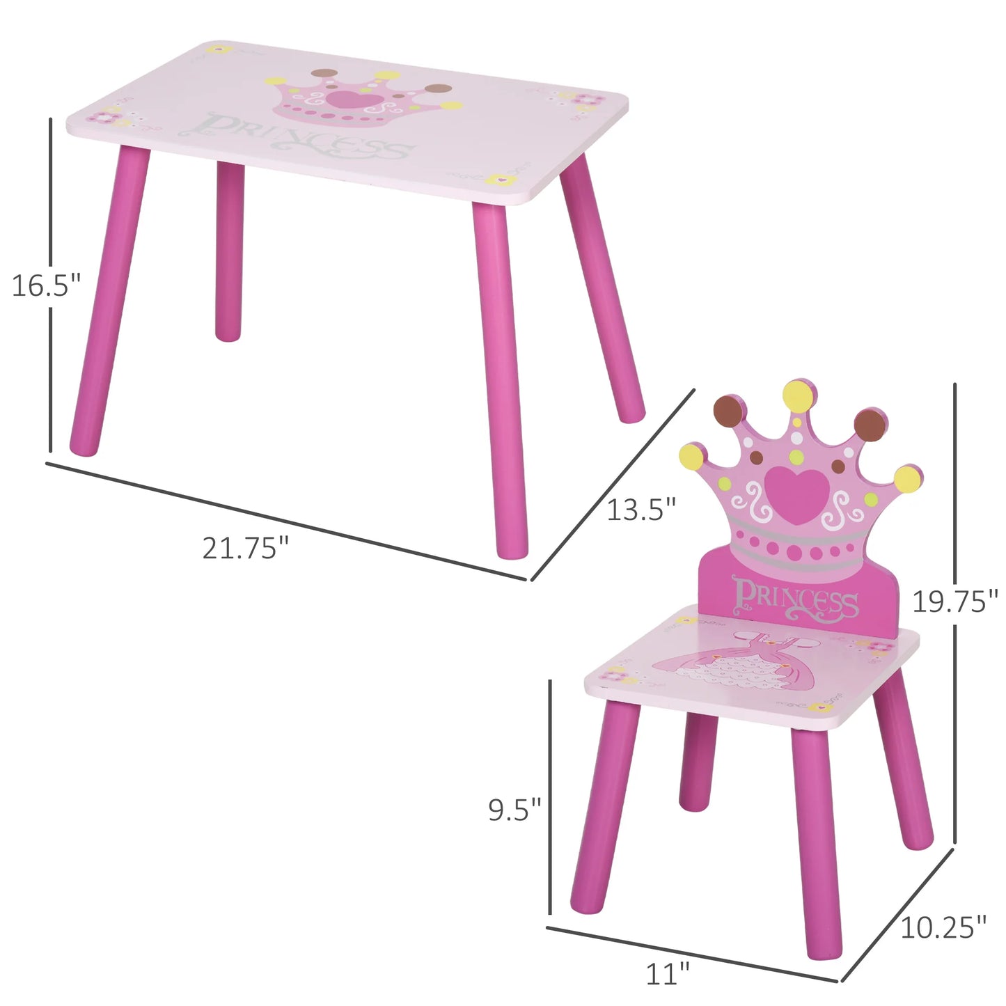 Children's Wood Table Two Seats With Crown Pattern