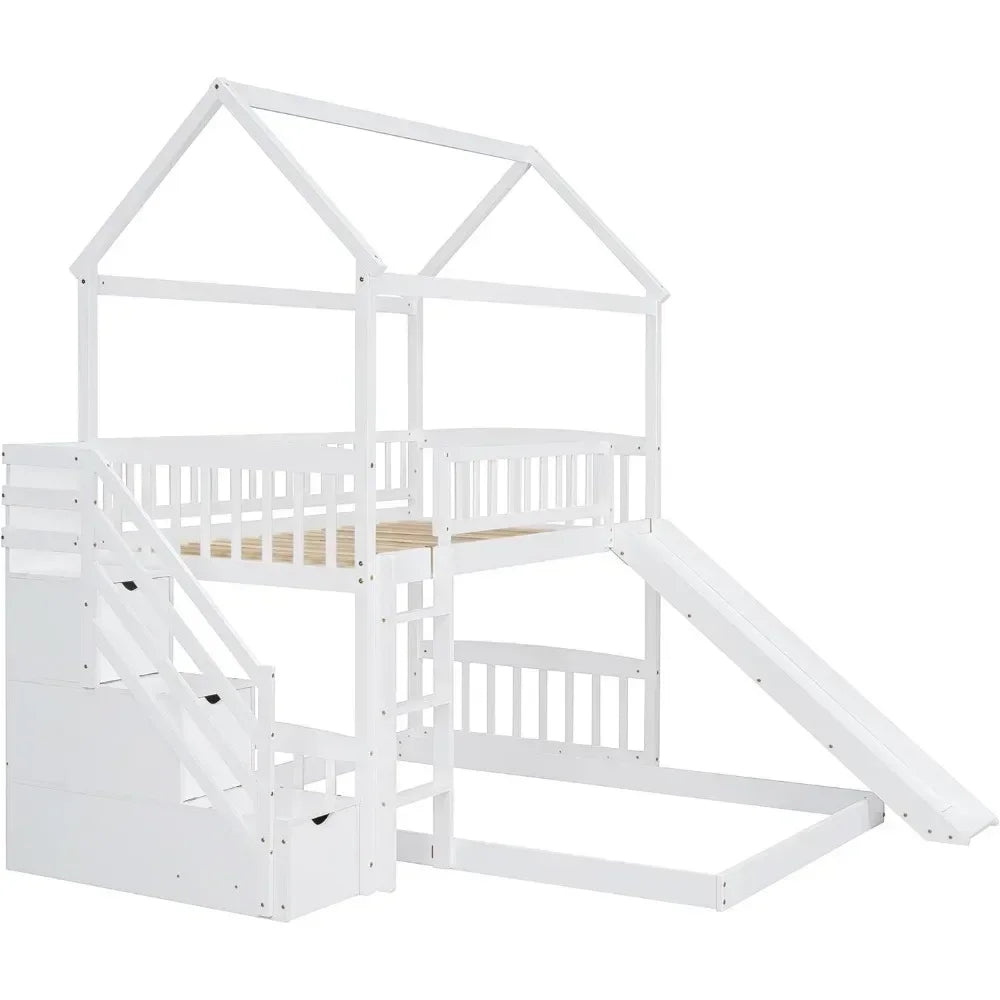 Stairway House Bunk Bed with Slide, Twin Over Twin