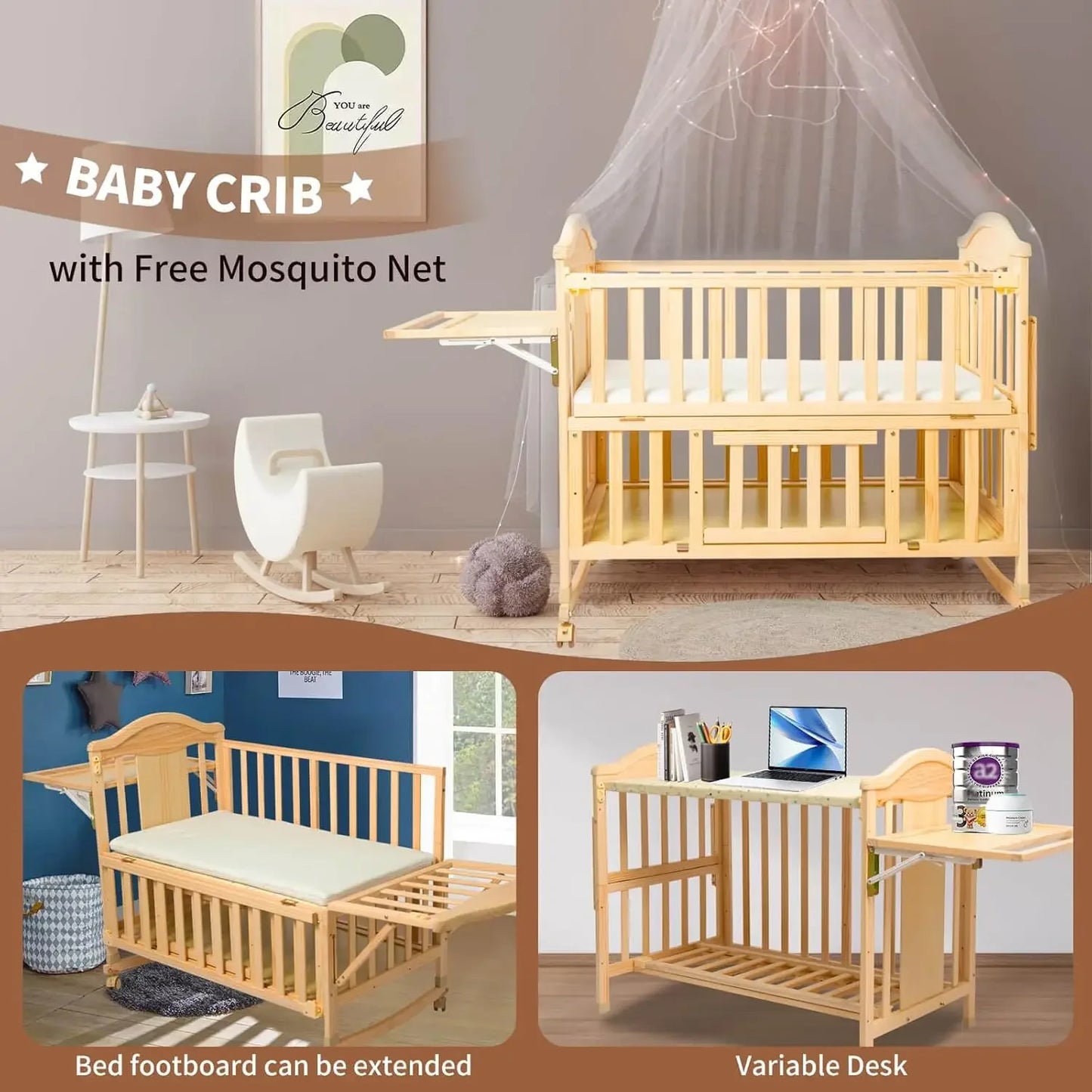 Mini Convertible Baby Crib, Changing Shelf And Mattress