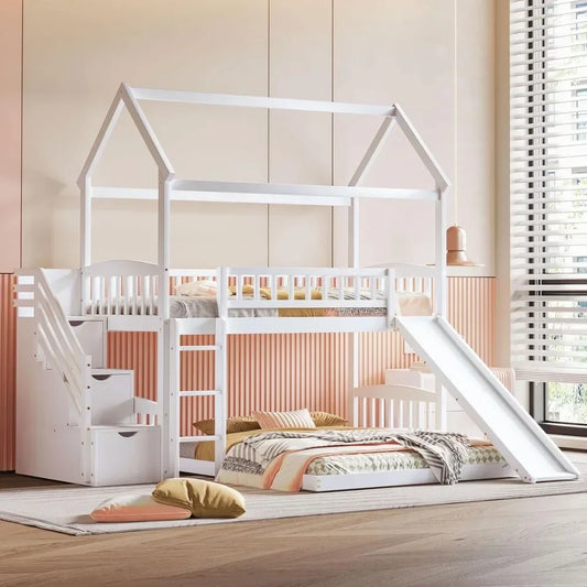 Stairway House Bunk Bed with Slide, Twin Over Twin