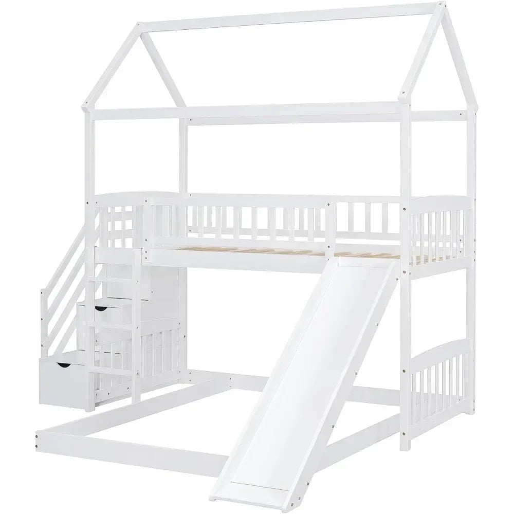Stairway House Bunk Bed with Slide, Twin Over Twin